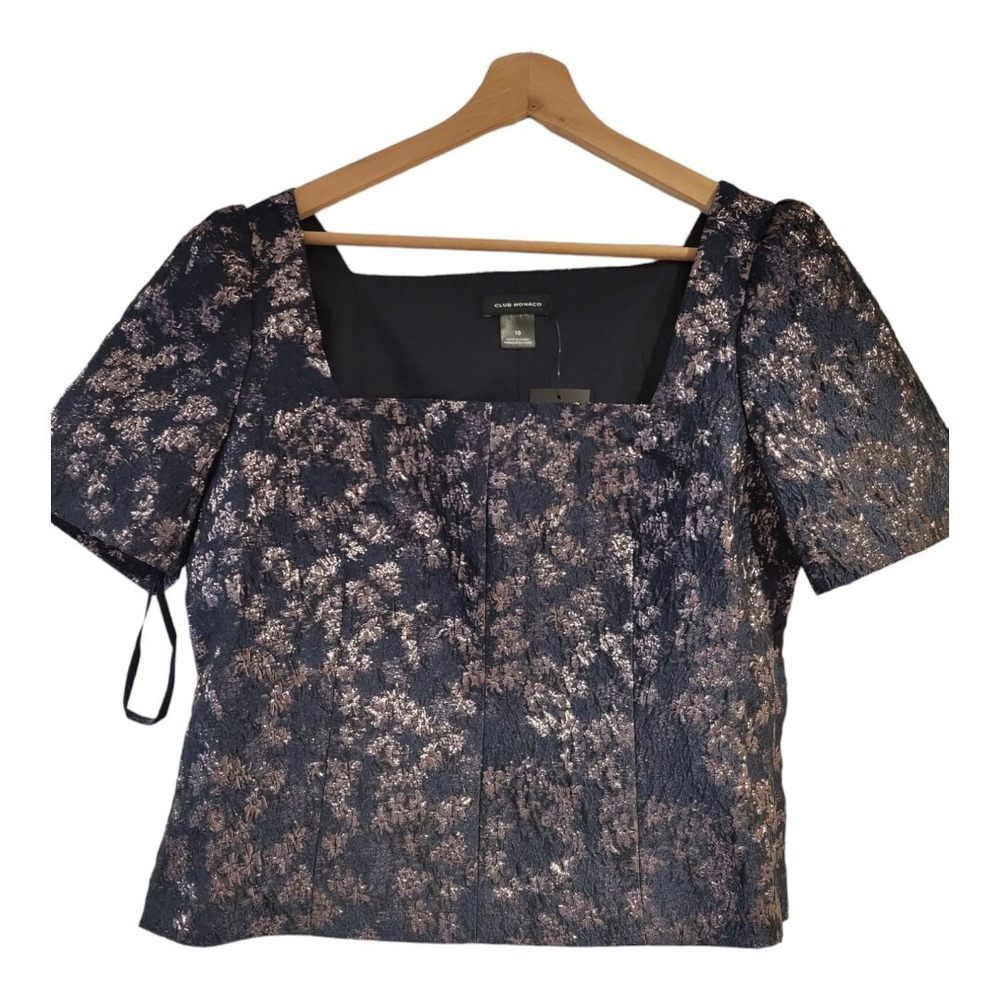 Club Monaco Brocade Puff Sleeve Blouse Navy Blue Size 10 NWT
